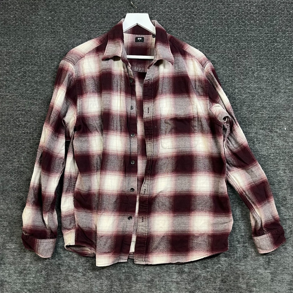 Uniqlo Flannel Shirt Men's Burgundy Maroon White Plaid Button Up Classic - Large